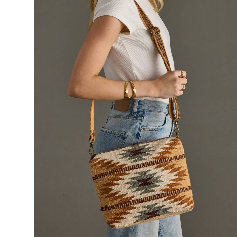 Tan Camel Teal Western Aztec Cotton Crossbody
